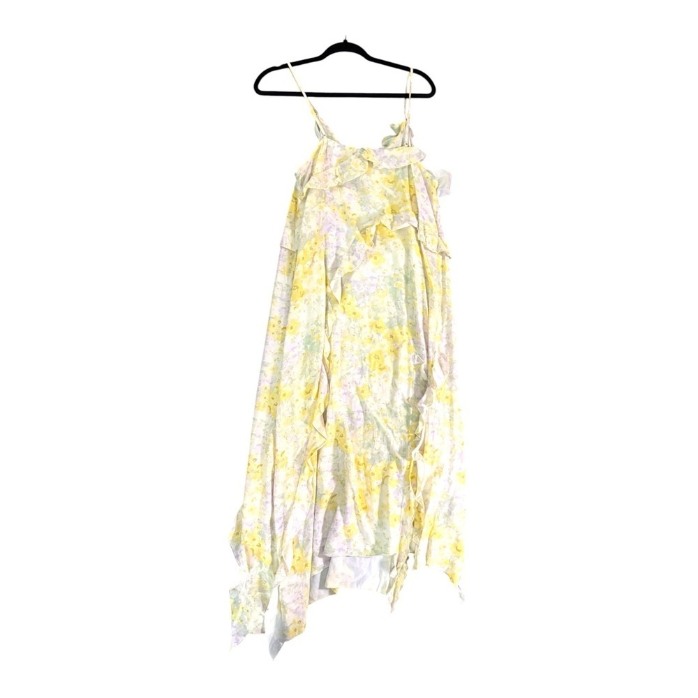 H&M Yellow Floral Ruffle Handkerchief Hem Midi Dress L Cottagecore Romantic Boho - Picture 4 of 6